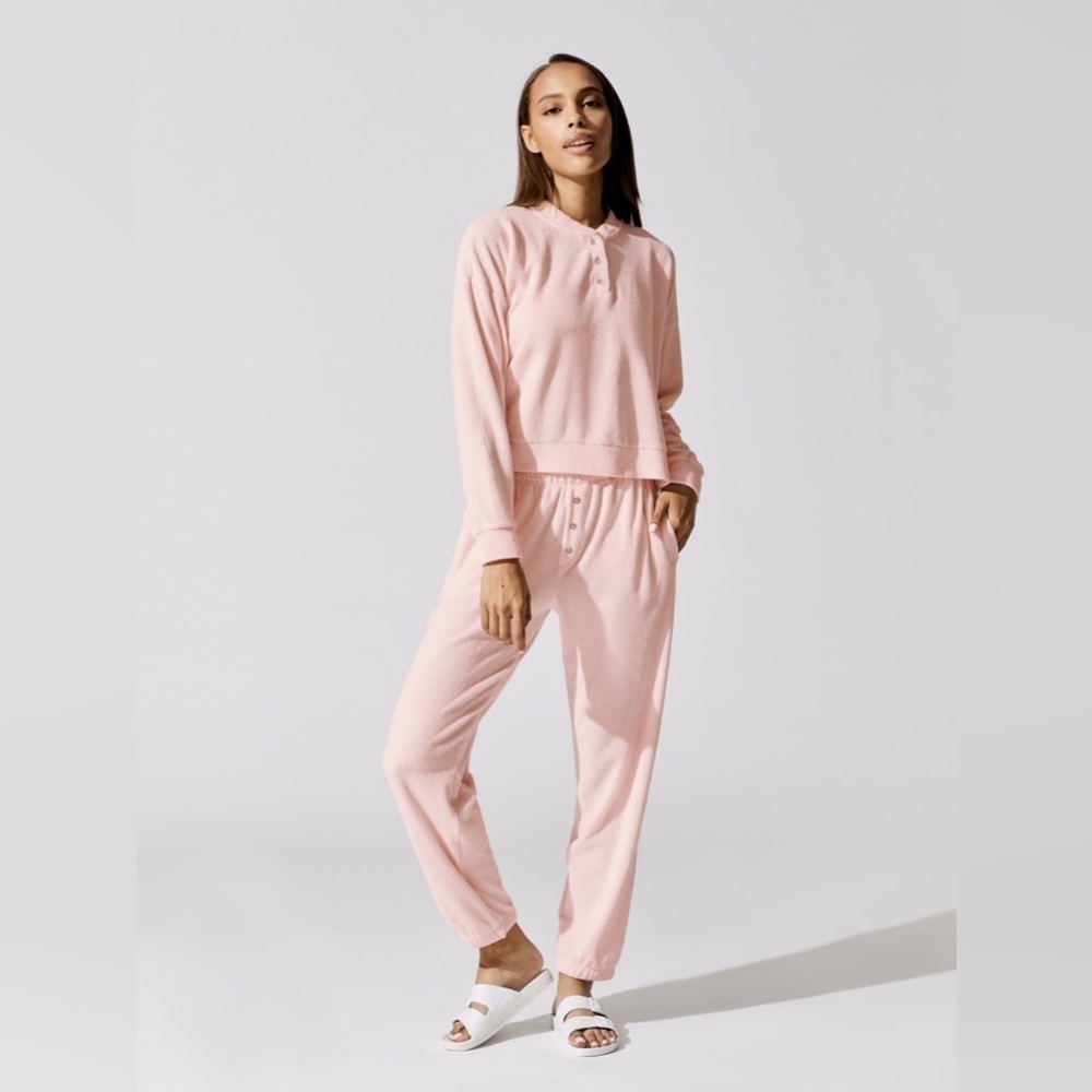 DONNI. Pink Terry Cloth Henley‎ Sweatshirt Relaxed Fit Long Sleeve Size Large - Picture 5 of 12